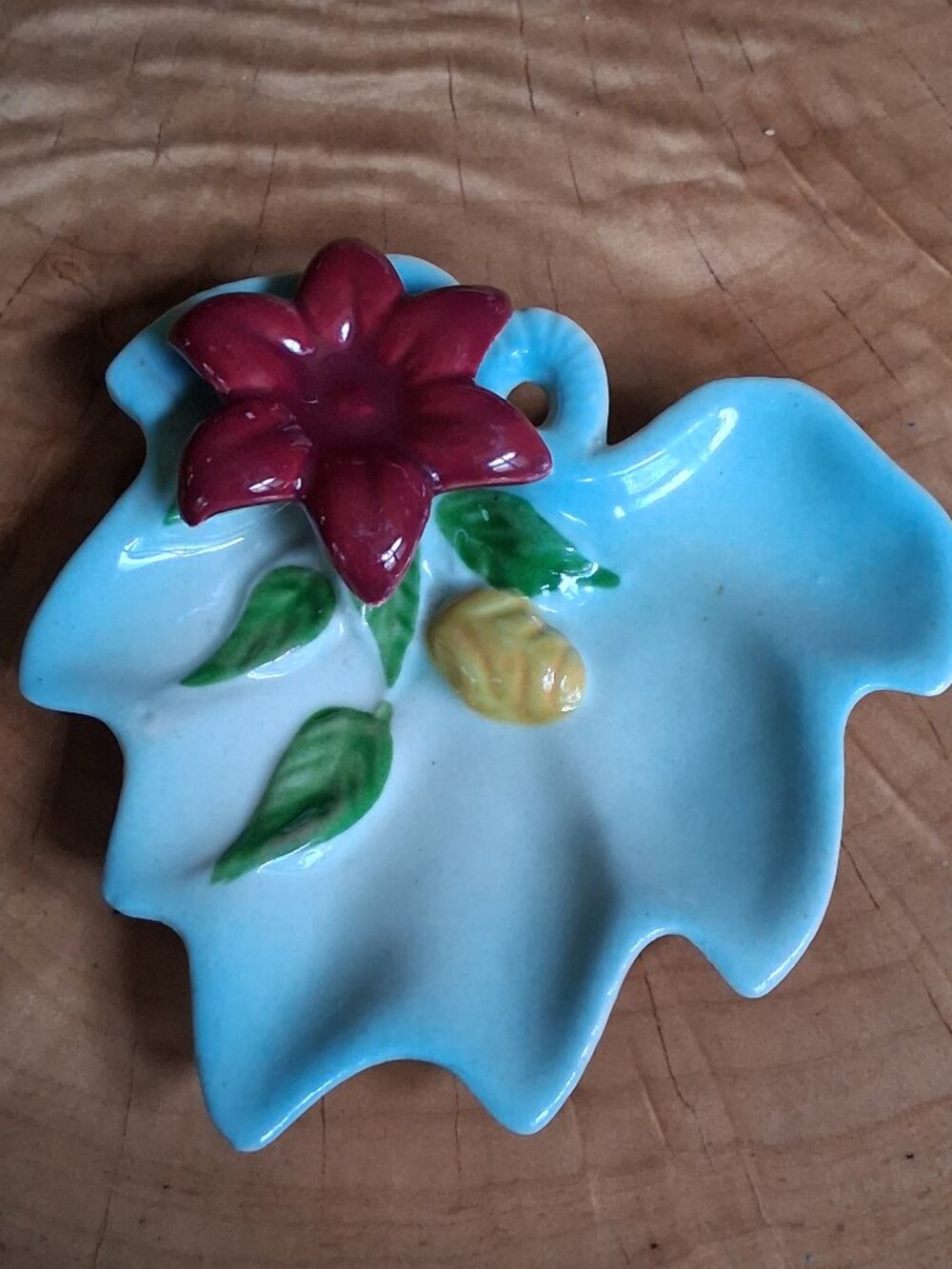 1940s Vintage Zanesville USA Leaf Dish – Blue Floral Midcentury Pottery